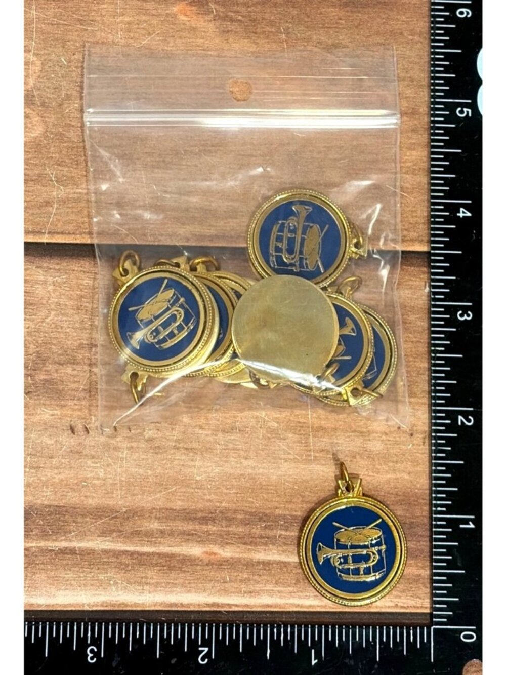 TS Vintage Music Band Medal Charm Drum Bugle Blue Gold Tone Award Pendant